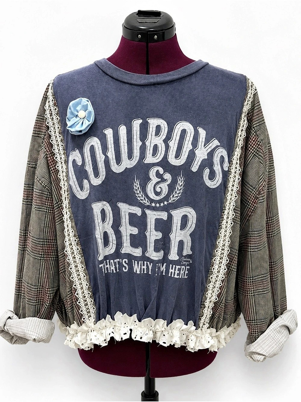 Upcycled Cowboys & Beer Boho Plaid Lace Ruffle Top Western Cottagecore